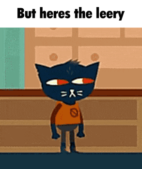a cartoon cat is standing in a room with the words `` but here 's the leery '' .