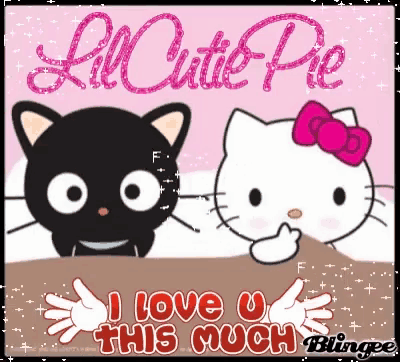 a picture of hello kitty and a black cat with the words " i love u this much "