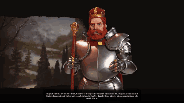 a knight with a red beard is holding a cane and a crown