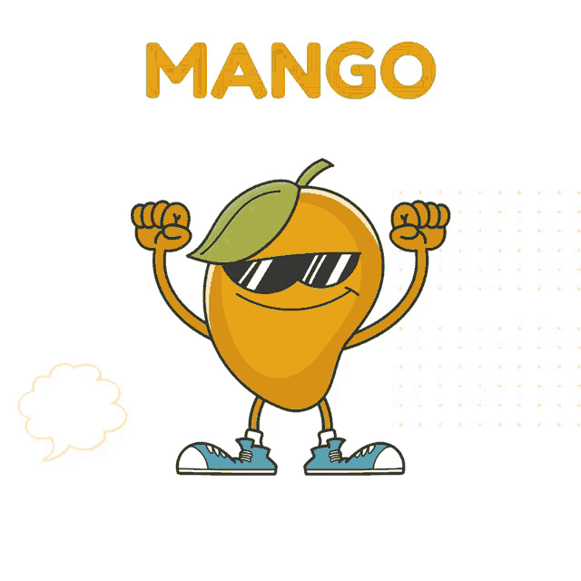 a cartoon drawing of a mango wearing sunglasses and sneakers