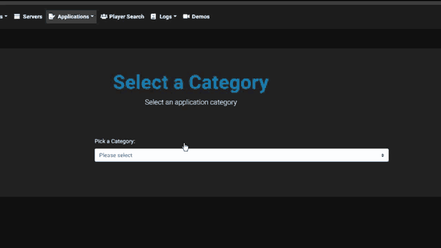 a black screen with the words select a category in blue