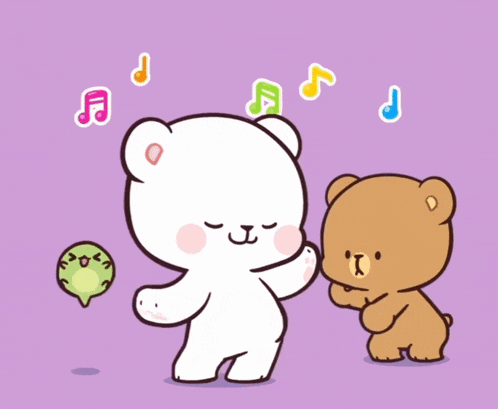 two teddy bears are dancing in front of music notes