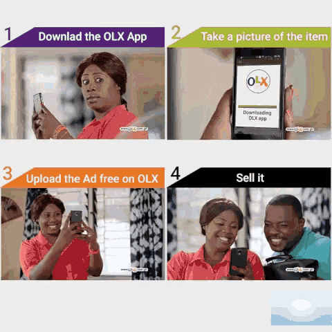 four images showing how to use the olx app on a cell phone