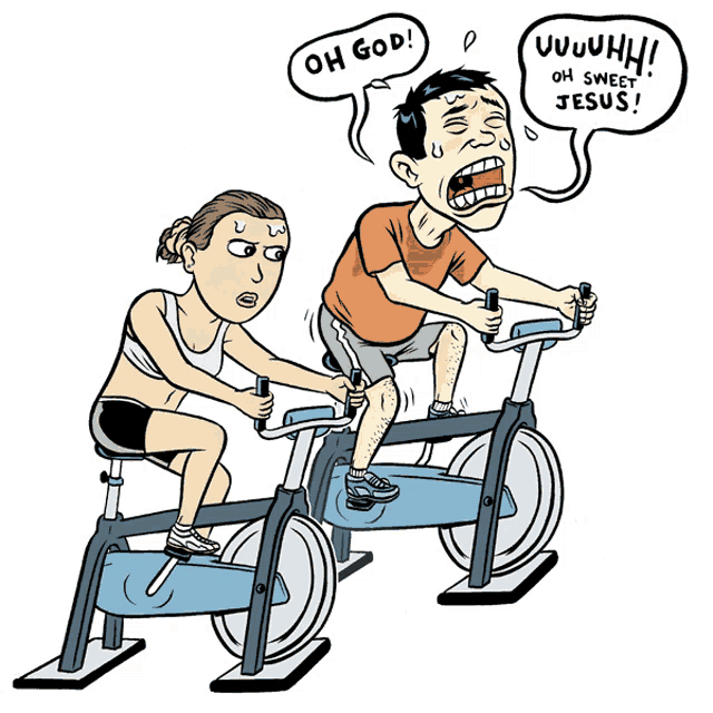 a cartoon of a man and a woman riding exercise bikes with speech bubbles saying oh god and oh sweet jesus