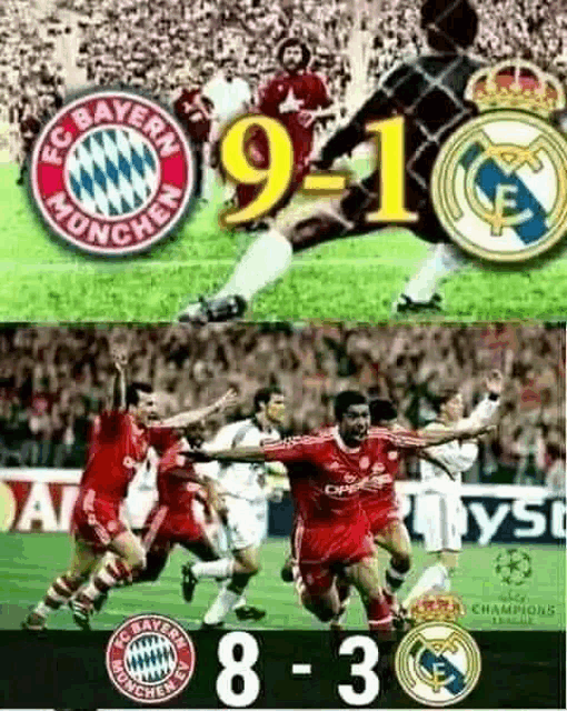 a soccer game between fc bayern and real madrid