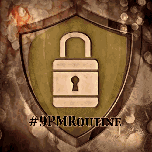 a shield with a padlock on it and # 9pmroutine written below it