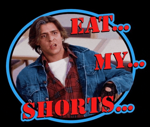 a man in a denim jacket with the words eat my shorts