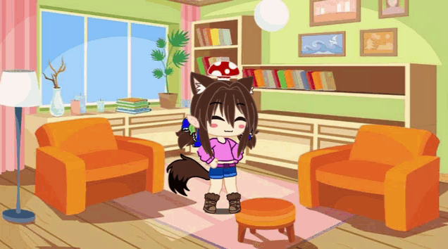 a cartoon of a girl standing in a living room with chairs