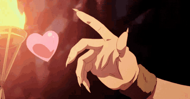 a cartoon hand pointing at a pink heart with a torch in the background