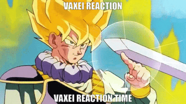 a cartoon character holding a sword and pointing at it with the caption vaxei reaction vaxei reaction time
