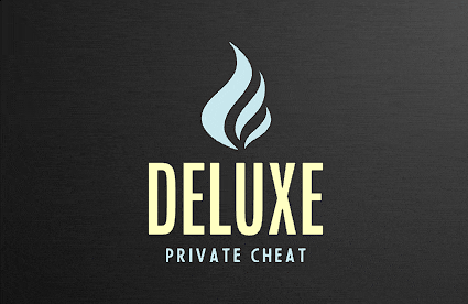 a logo for deluxe private cheat with a blue flame on a black background