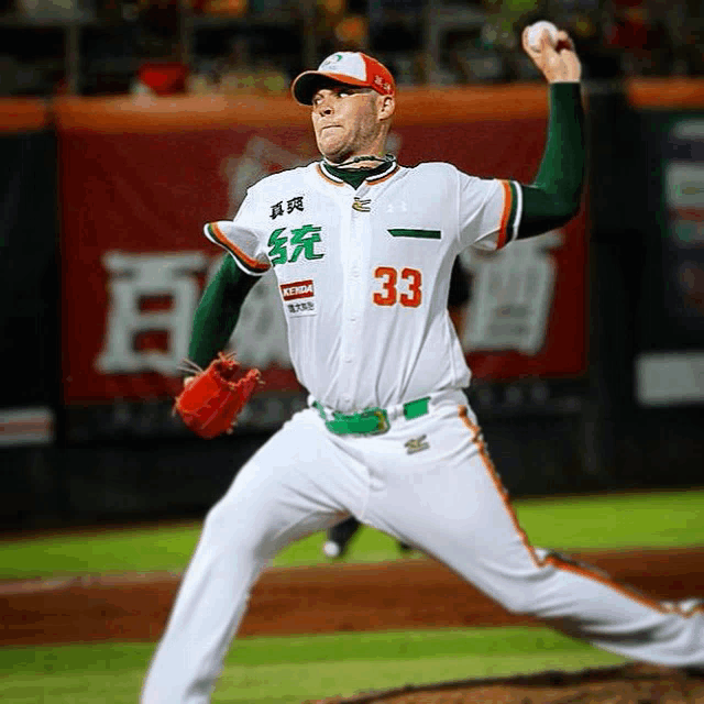 a baseball player with the number 33 on his jersey throws a ball