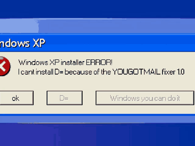 a computer screen displays a windows xp installer error