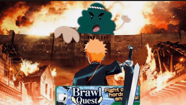 a cartoon character holding a sword with the words brawl quest written on the bottom