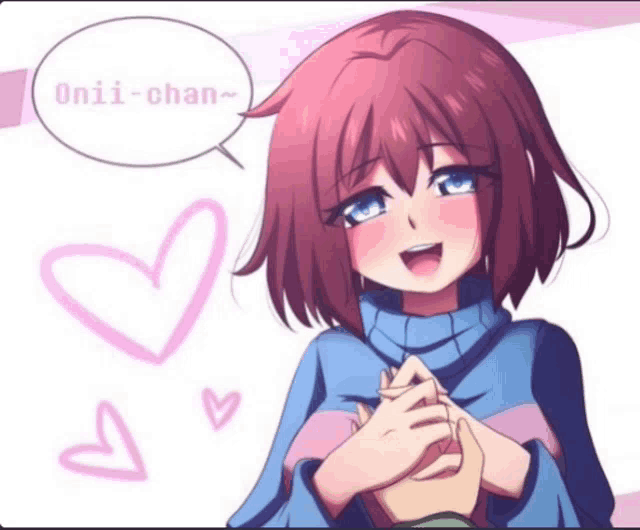 a girl with red hair and blue eyes is holding someone 's hand and says onii-chan