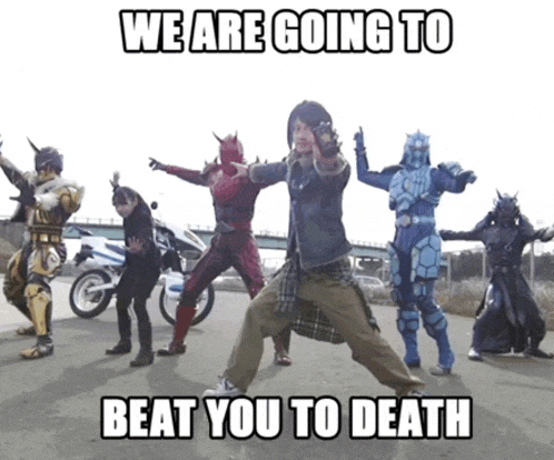 a group of people in costumes are standing on a street with a caption that says we are going to beat you to death