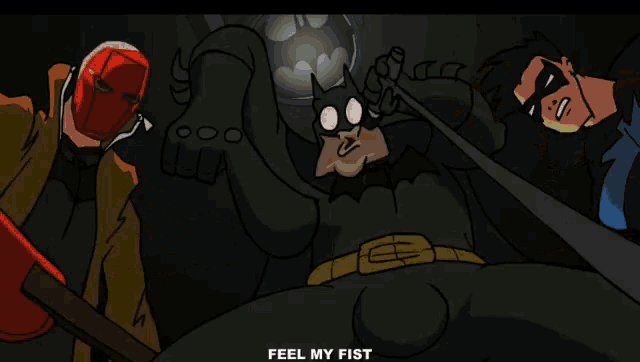 a cartoon of batman playing a guitar with the words " on your face " above him