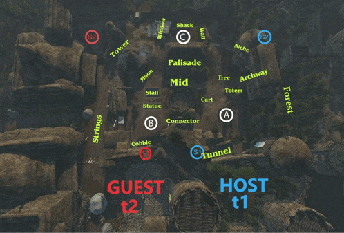 a map of a game with the words guest t2 host t1 on it