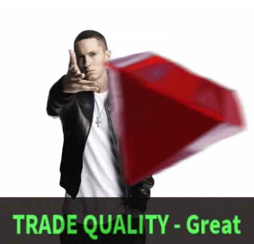 a picture of a man holding a red cube with the words trade quality great below him