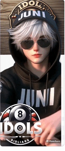 a boy wearing sunglasses and a hoodie that says 8 idols on it