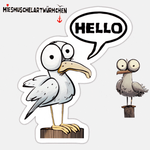 a sticker of a seagull with a speech bubble that says " hello "