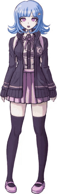 a girl with blue hair and purple eyes is wearing a black jacket and a purple skirt