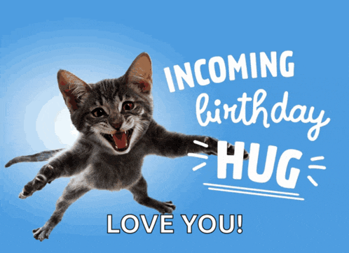 a cat is jumping in the air with the words incoming birthday hug love you on the bottom