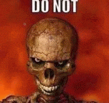 a skeleton is smiling in front of a red background and says `` do not '' .