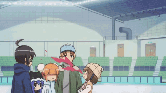 a group of anime characters are standing on a ice rink and one of them has blood coming out of his nose