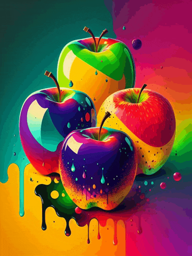 a colorful painting of three apples with paint dripping off them