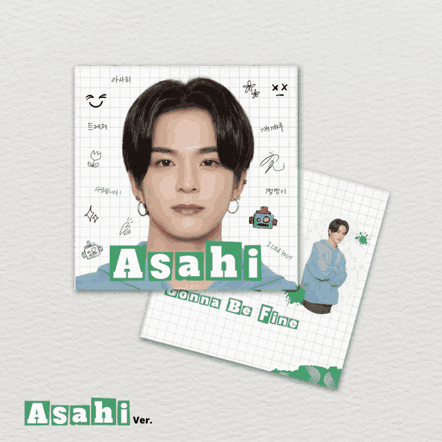 a picture of a boy with the name asahi on the top