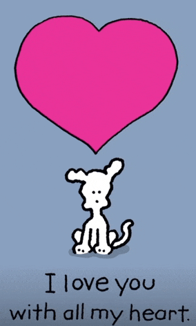 a cartoon of a dog sitting under a pink heart that says i love you with all my heart