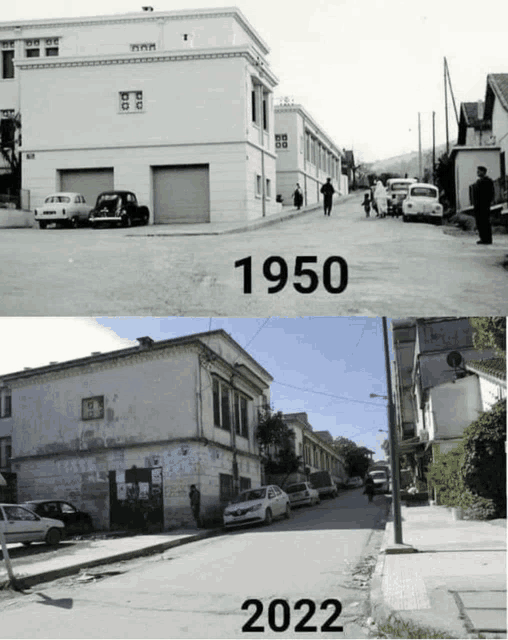 a black and white photo of a street in 1950 and a photo of a street in 2022