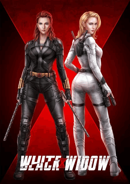 black widow and white widow are standing next to each other