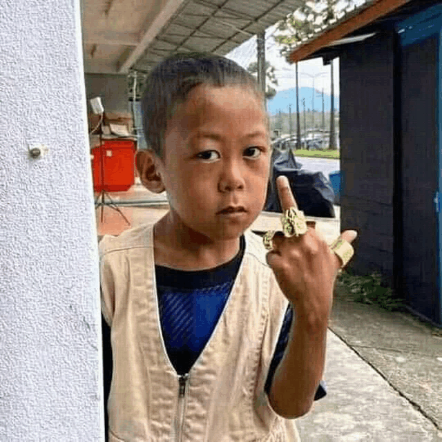 a young boy is giving the middle finger while standing next to a building .