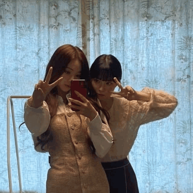 two women are taking a selfie in front of a mirror while giving peace signs .