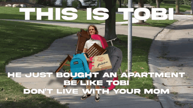 a woman is carrying a box of pizza and a backpack on a sidewalk with the words " this is tobi " above her