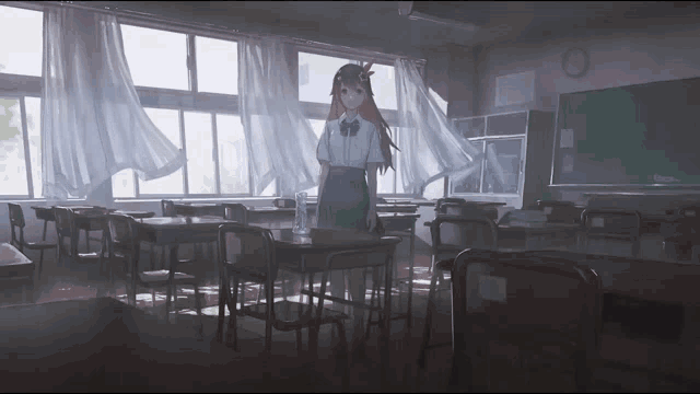 a girl in a school uniform stands in a classroom