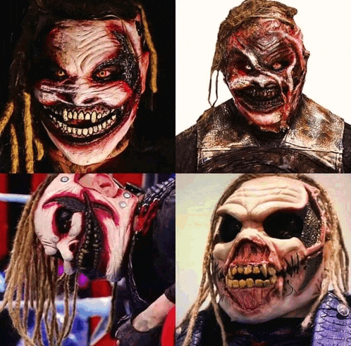 a collage of four pictures of a man with dreadlocks wearing a scary mask