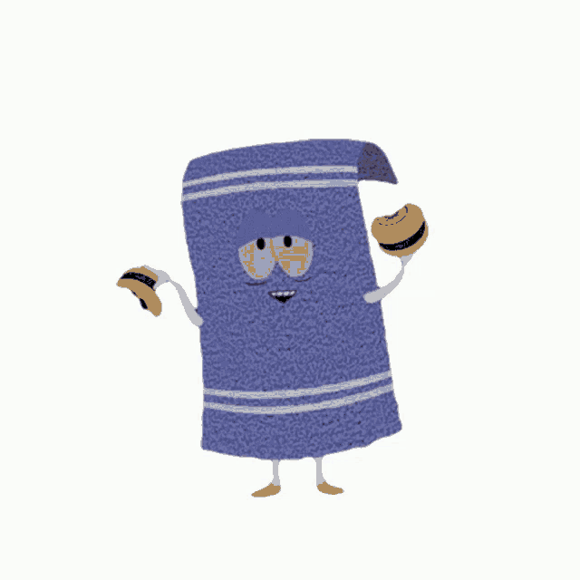 a cartoon character of a blue towel holding a sandwich