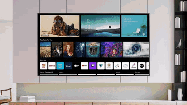 a large flat screen tv is displaying a home dashboard with apps like netflix and youtube