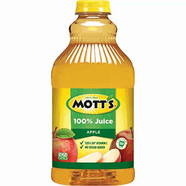 a bottle of mott 's 100 % apple juice with no sugar added