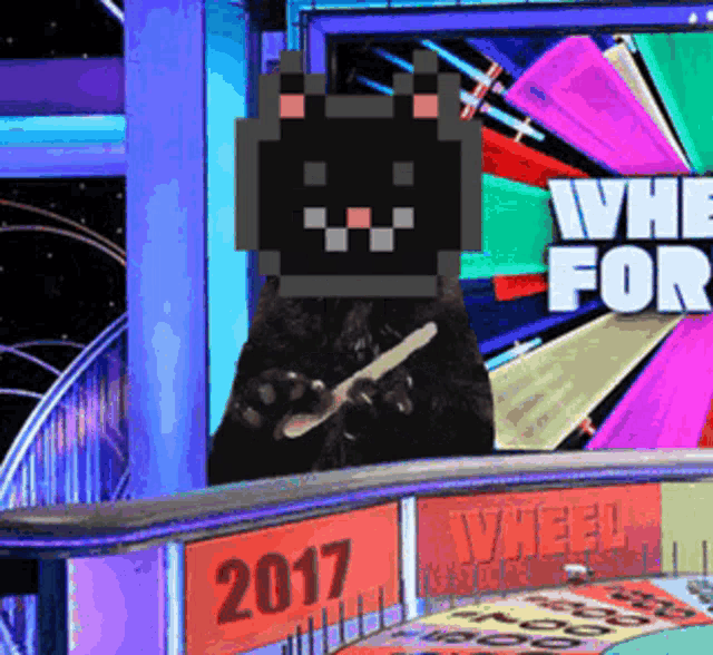 a cat with a mask on stands in front of a sign that says " wheel for "