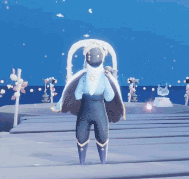 a person in a video game is standing on a dock in front of the ocean .