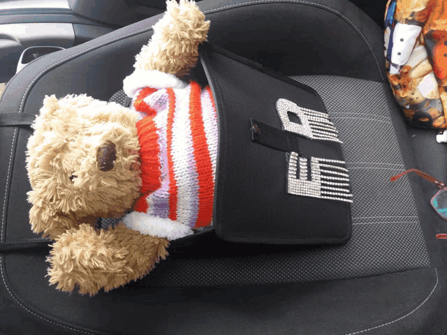 a teddy bear wearing a striped sweater is sitting on a car seat next to a purse that says ep