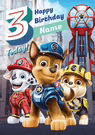 a birthday card with three paw patrol dogs standing next to each other on a city street .