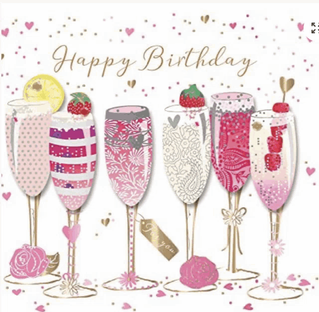 a birthday card with glasses of champagne and the words " happy birthday "