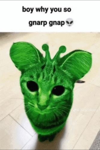 a green cat with a giraffe head and ears is sitting on a tile floor .