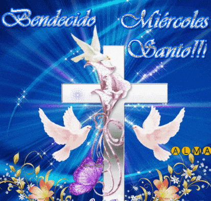 a blue background with a cross and doves and the words bendicido martes santo