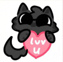 a black cat with sunglasses is holding a pink heart that says i love u .